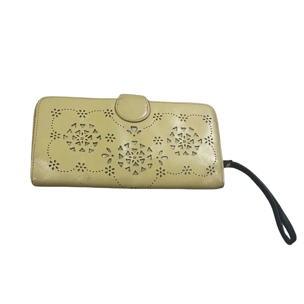 Brighton Yellow Leather Laser Cut‎ Floral Wristlet Wallet Organizer Snap Closure